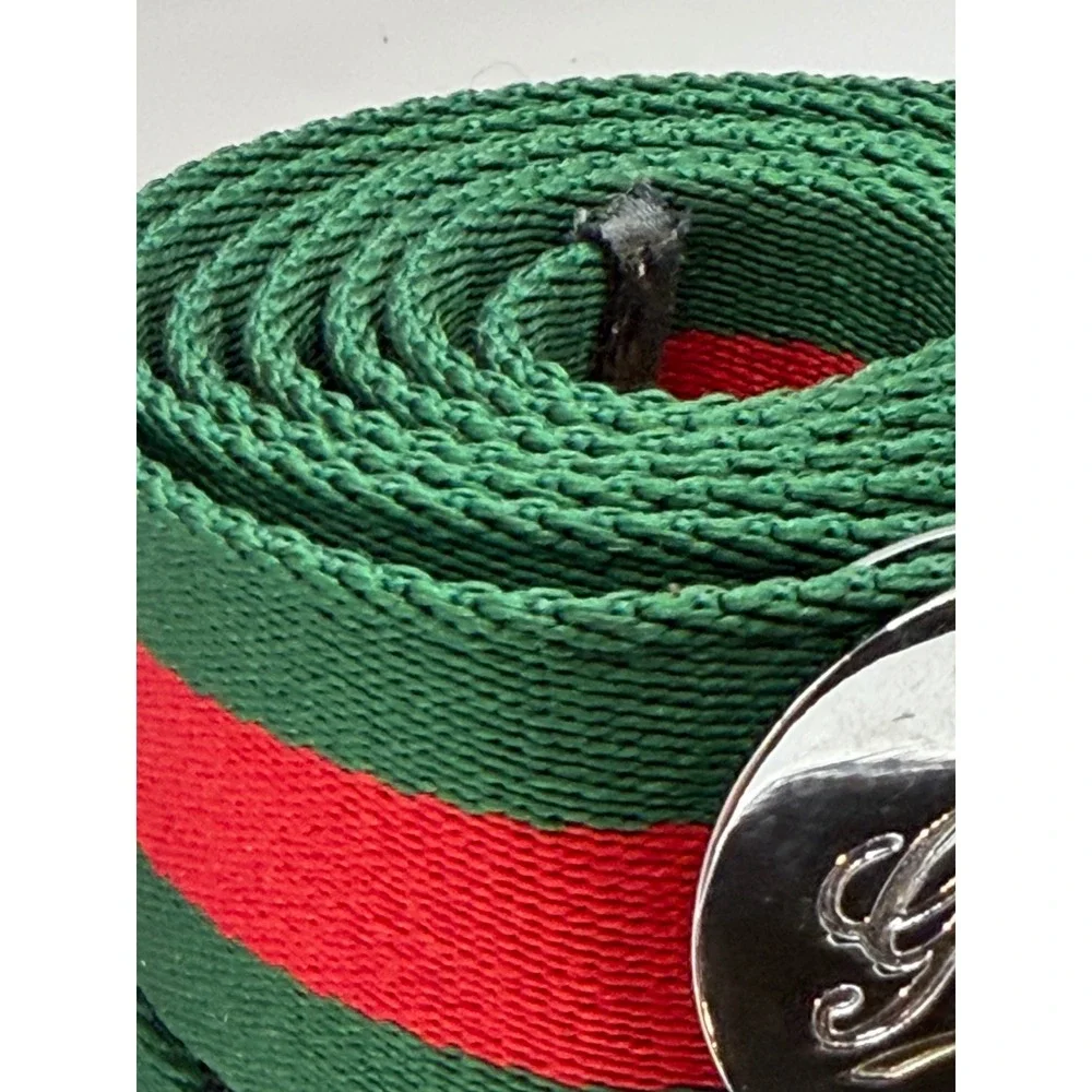 Gucci Green Red Web Stripe Canvas Belt Silver D-Ring Buckle 50 Inch